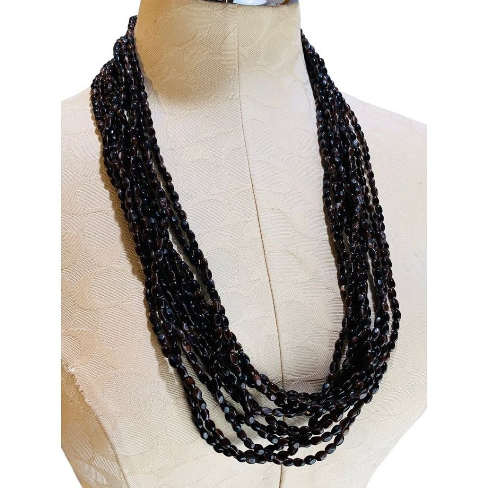 Statement 58" Necklace Brown Polished Stone Beads Hook‎ Closure 5 Strand